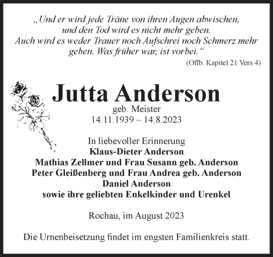 Traueranzeige von Jutta Anderson von Volksstimme Altmark Ost