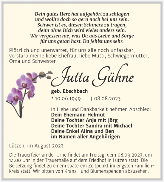 Traueranzeige von Jutta Gühne von Trauerkombi Weißenfels
