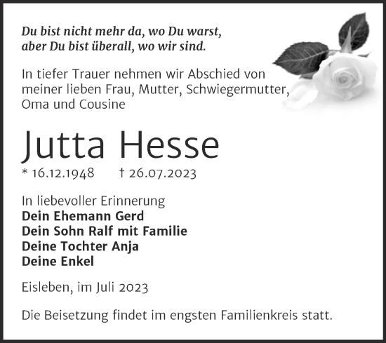 Traueranzeige von Jutta Hesse von Trauerkombi Mansfelder Land