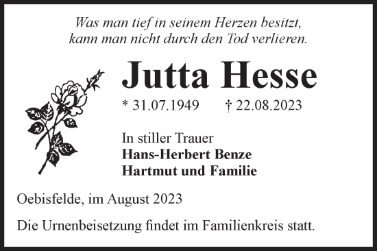 Traueranzeige von Jutta Hesse von Volksstimme Altmark West