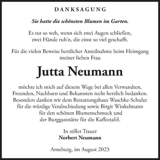 Traueranzeige von Jutta Neumann von Volksstimme Altmark Ost