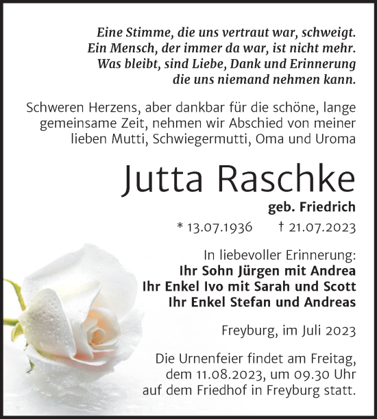 Traueranzeige von Jutta Raschke von Wochenspiegel Naumburg/Nebra