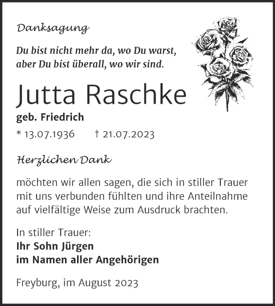 Traueranzeige von Jutta Raschke von Wochenspiegel Naumburg/Nebra