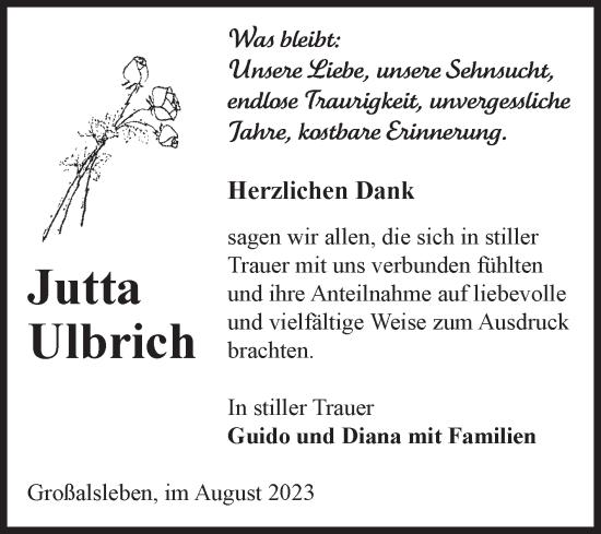 Traueranzeige von Jutta Ulbrich von Volksstimme Oschersleben/Wanzleben