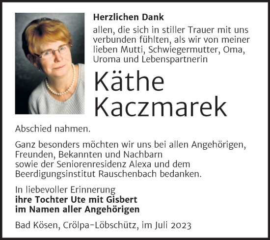 Traueranzeige von Käthe Kaczmarek von Wochenspiegel Naumburg/Nebra