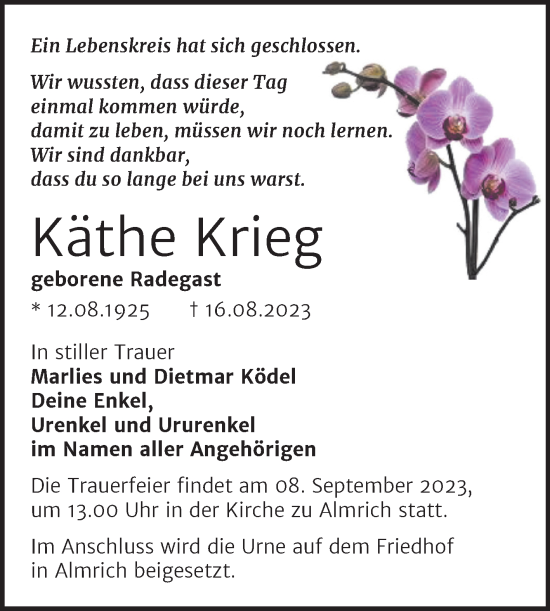 Traueranzeige von Käthe Krieg von Naumburger Tageblatt