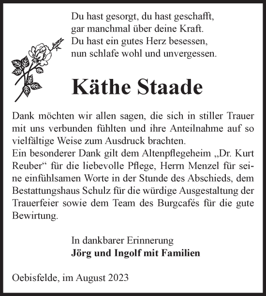 Traueranzeige von Käthe Staade von Volksstimme Altmark West