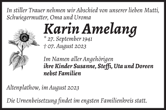 Traueranzeige von Karin Amelang von Volksstimme Burg/Genthin