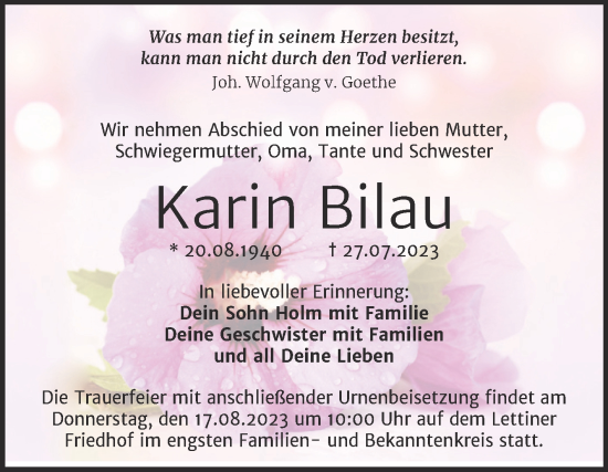 Traueranzeige von Karin Bilau von Mitteldeutsche Zeitung Halle/Saalkreis