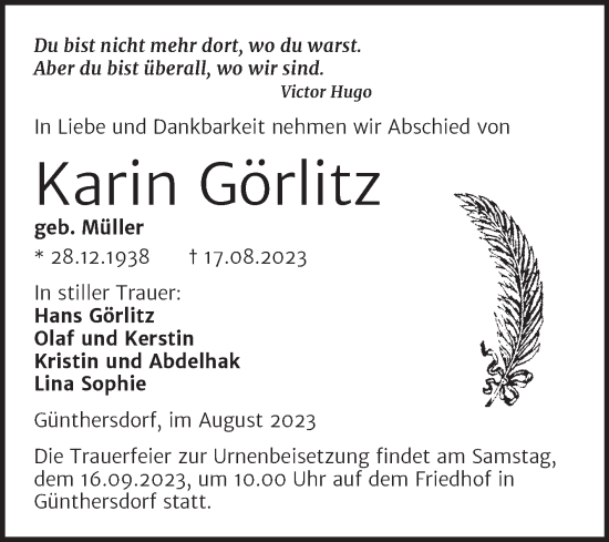 Traueranzeige von Karin Görlitz von Trauerkombi Merseburg