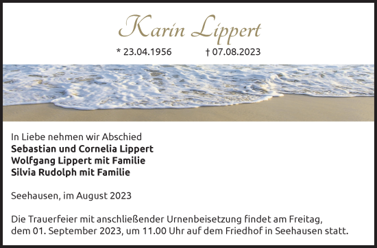 Traueranzeige von Karin Lippert von Volksstimme Altmark Ost