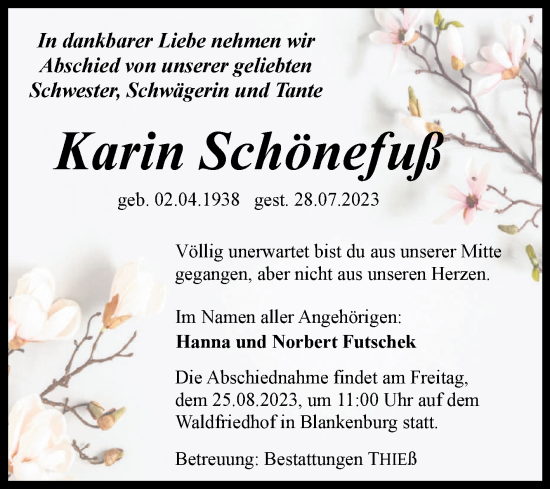 Traueranzeige von Karin Schönefuß von Volksstimme Wernigerode