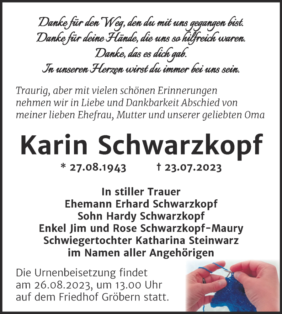  Traueranzeige für Karin Schwarzkopf vom 12.08.2023 aus Trauerkombi Bitterfeld