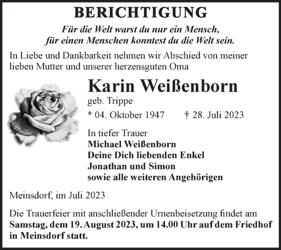 Traueranzeige von Karin Weißenborn von Mitteldeutsche Zeitung Dessau-Roßlau