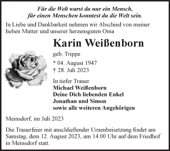 Traueranzeige von Karin Weißenborn von Mitteldeutsche Zeitung Dessau-Roßlau