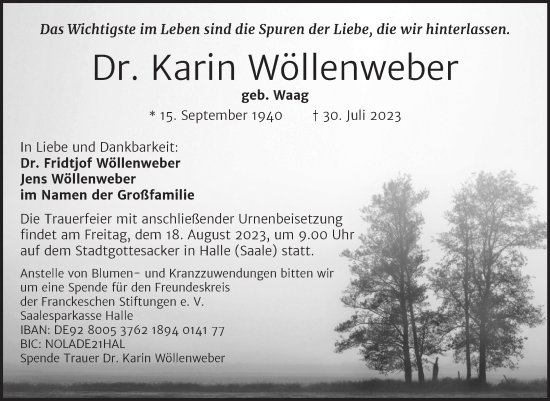 Traueranzeige von Karin Wöllenweber von Mitteldeutsche Zeitung Halle/Saalkreis