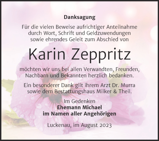 Traueranzeige von Karin Zeppritz von Trauerkombi Zeitz