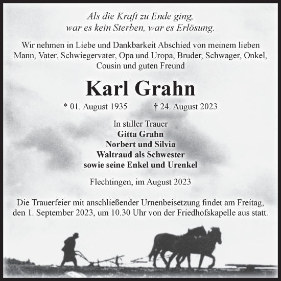 Traueranzeige von Karl Grahn von Volksstimme Haldensleben/Wolmirstedt