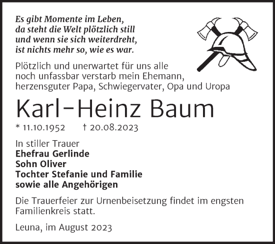 Traueranzeige von Karl-Heinz Baum von Trauerkombi Merseburg