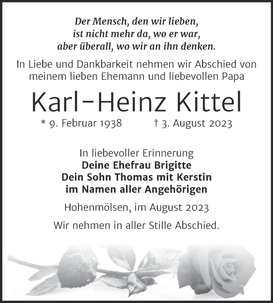 Traueranzeige von Karl-Heinz Kittel von Trauerkombi Weißenfels