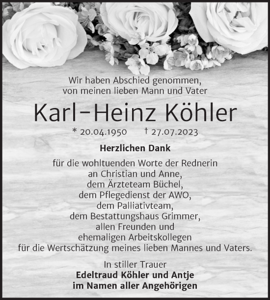 Traueranzeige von Karl-Heinz Köhler von Trauerkombi Mansfelder Land
