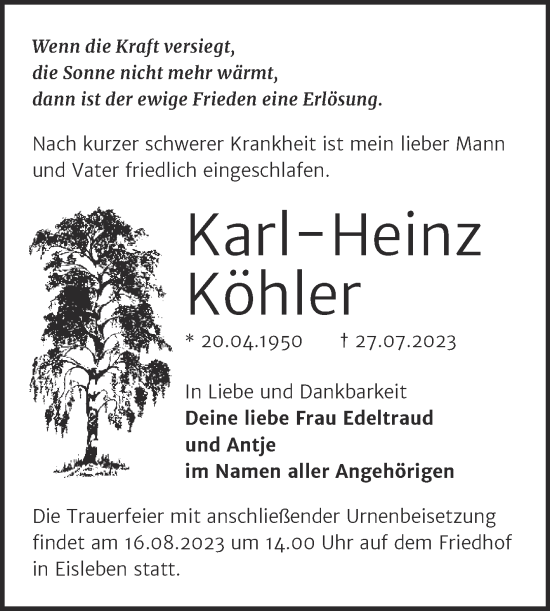 Traueranzeige von Karl-Heinz Köhler von Trauerkombi Mansfelder Land