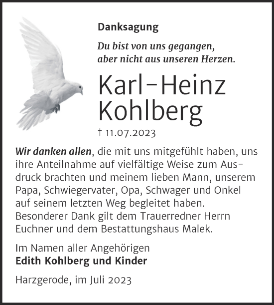 Traueranzeige von Karl-Heinz Kohlberg von Trauerkombi Quedlinburg