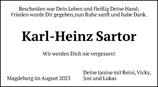 Traueranzeige von Karl-Heinz Sartor von Volksstimme Magdeburg
