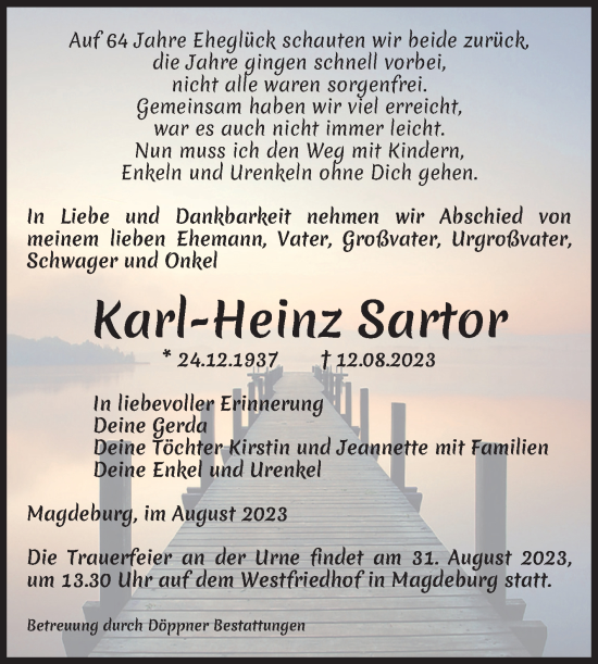 Traueranzeige von Karl-Heinz Sartor von Volksstimme Magdeburg
