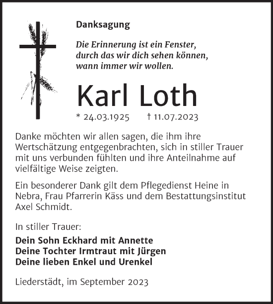 Traueranzeige von Karl Loth von Wochenspiegel Naumburg/Nebra