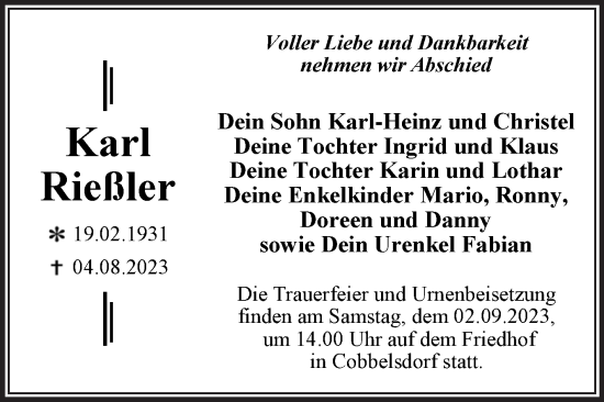 Traueranzeige von Karl Rießler von Trauerkombi Wittenberg