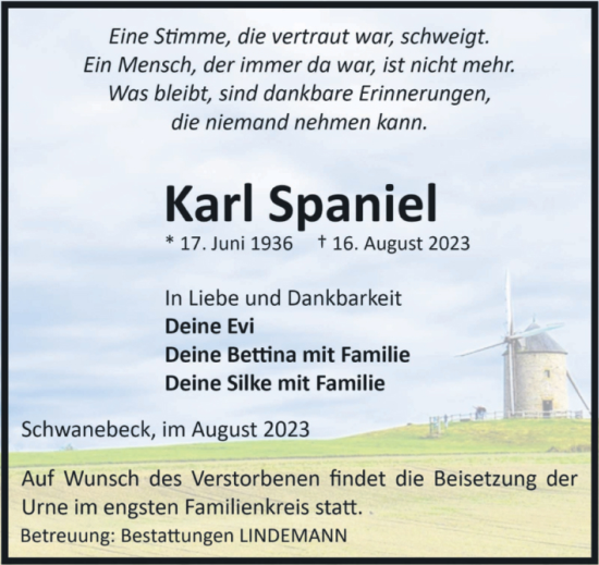 Traueranzeige von Karl Spaniel von Volksstimme Halberstadt