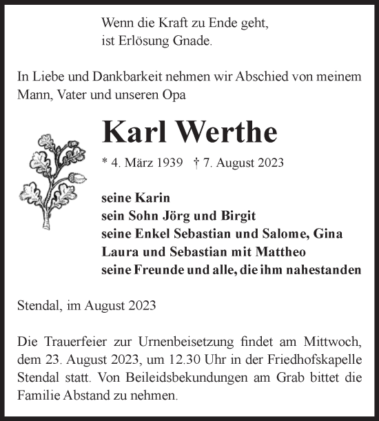 Traueranzeige von Karl Werthe von Volksstimme Altmark Ost