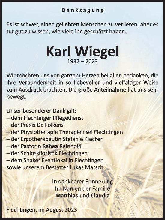 Traueranzeige von Karl Wiegel von Volksstimme Haldensleben/Wolmirstedt