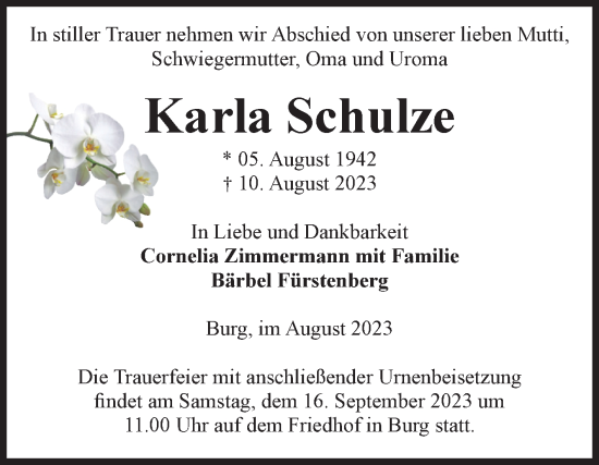 Traueranzeige von Karla Schulze von Volksstimme Burg/Genthin