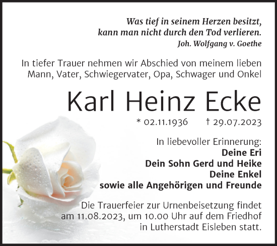 Traueranzeige von Karl Heinz Ecke von Trauerkombi Mansfelder Land