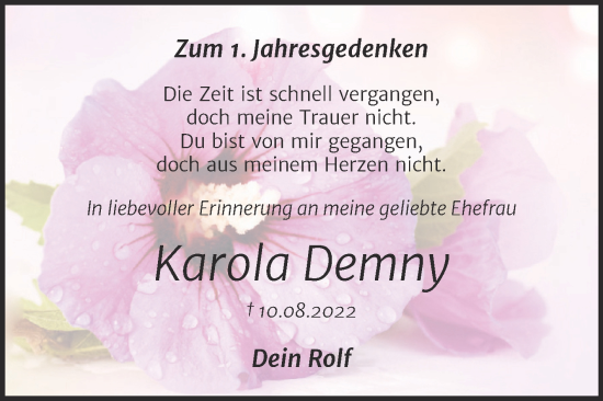 Traueranzeige von Karola Demny von Trauerkombi Weißenfels