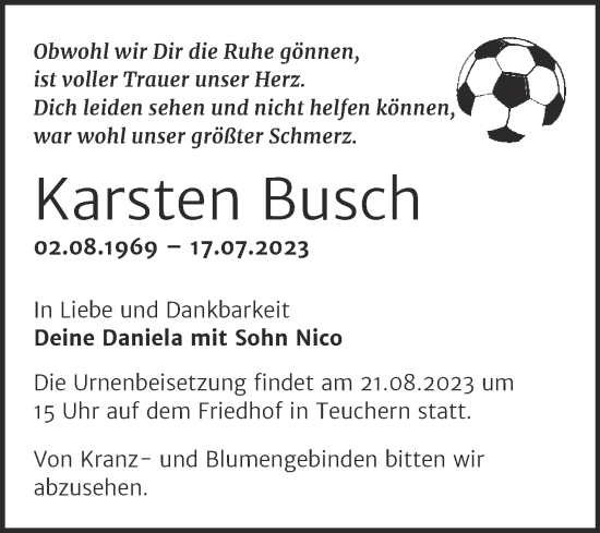 Traueranzeige von Karsten Busch von Trauerkombi Weißenfels
