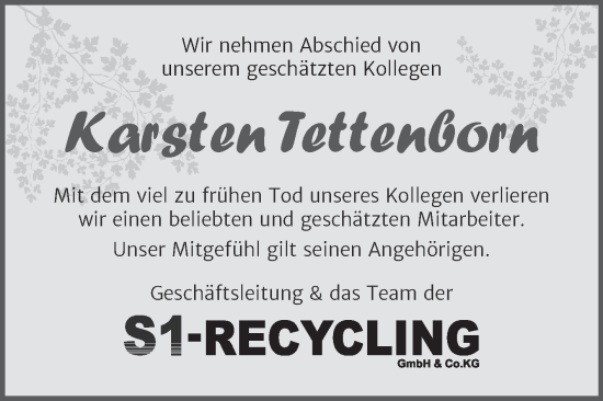 Traueranzeige von Karsten Tettenborn von Super Sonntag Sangerhausen