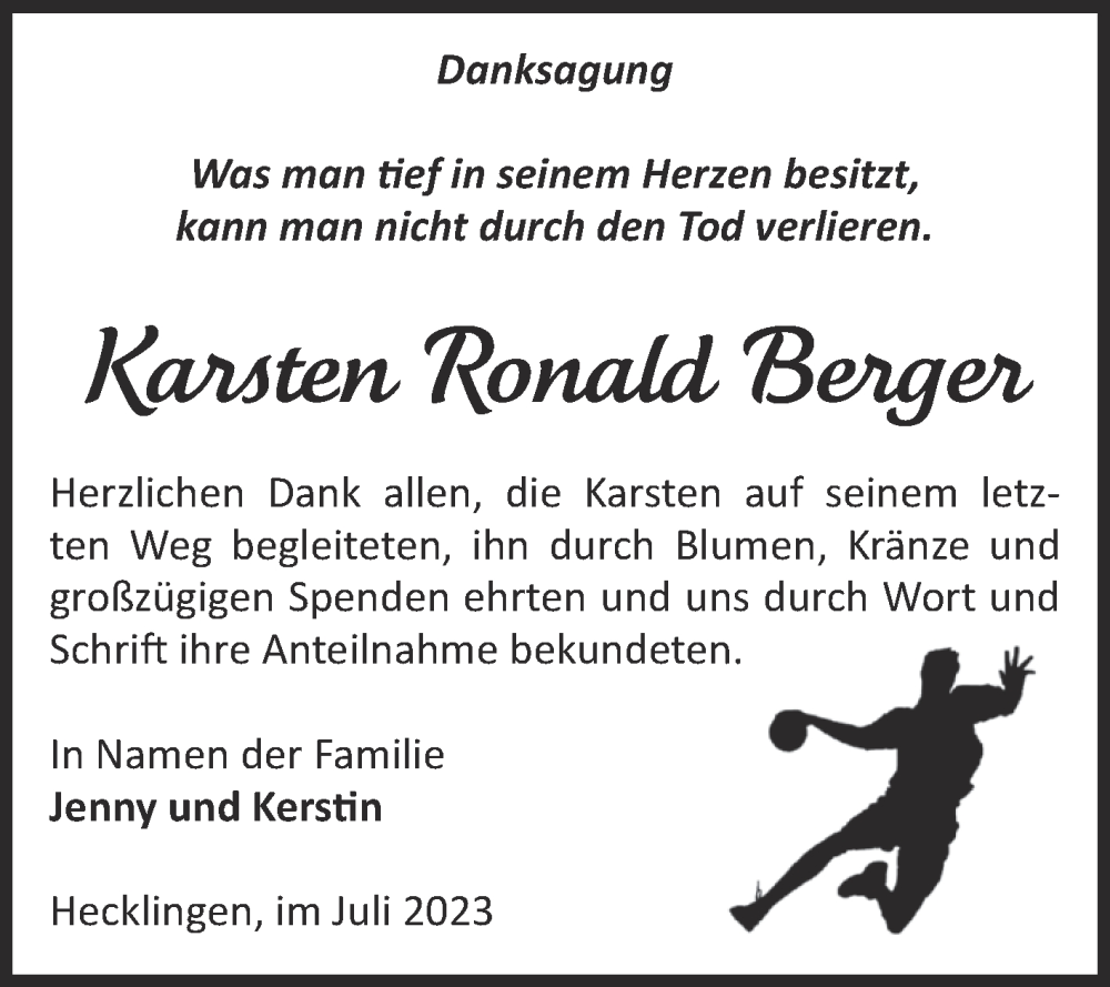  Traueranzeige für Karsten Ronald Berger vom 02.08.2023 aus 
