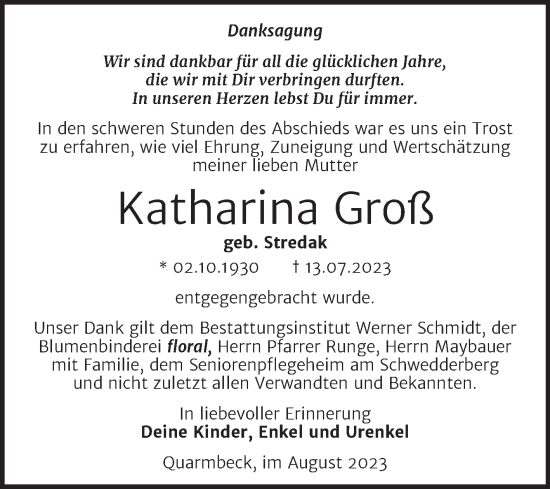 Traueranzeige von Katharina Groß von Trauerkombi Quedlinburg