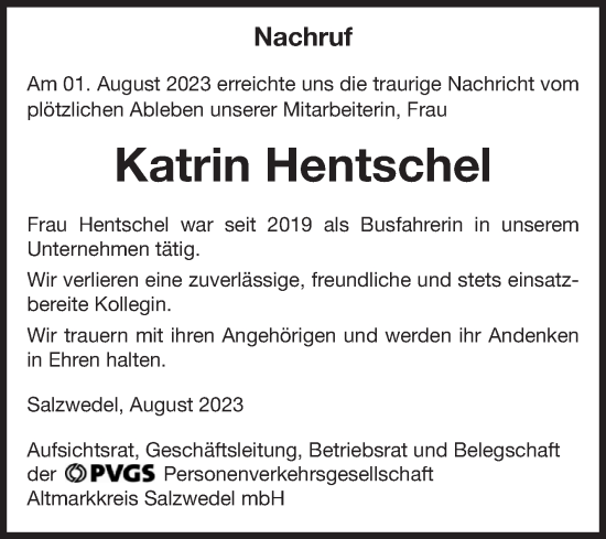 Traueranzeige von Katrin Hentschel von Volksstimme Altmark West
