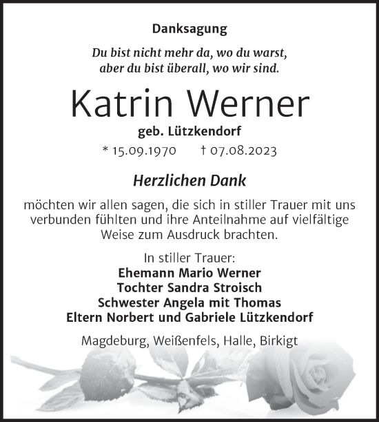 Traueranzeige von Katrin Werner von Wochenspiegel Naumburg/Nebra
