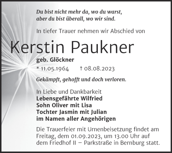 Traueranzeige von Kerstin Paukner von Trauerkombi Bernburg