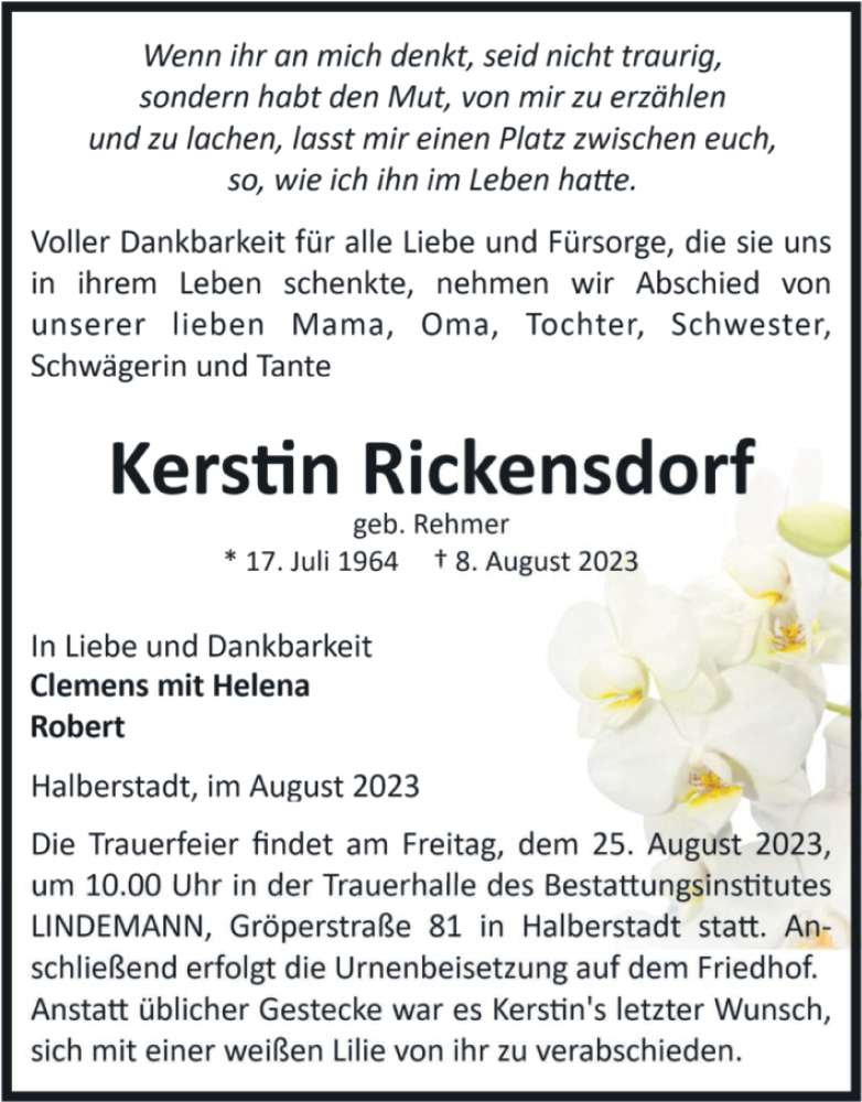  Traueranzeige für Kerstin Rickensdorf vom 12.08.2023 aus Volksstimme Halberstadt