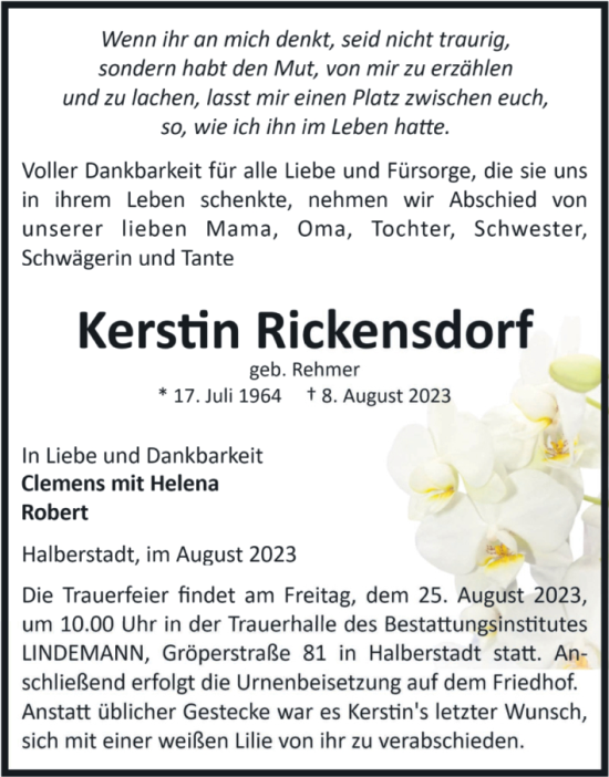 Traueranzeige von Kerstin Rickensdorf von Volksstimme Halberstadt