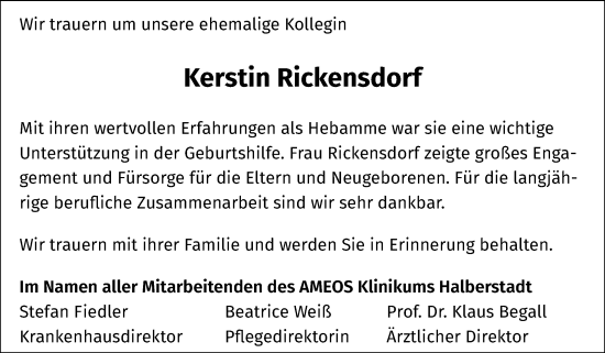 Traueranzeige von Kerstin Rickensdorf von Volksstimme Halberstadt