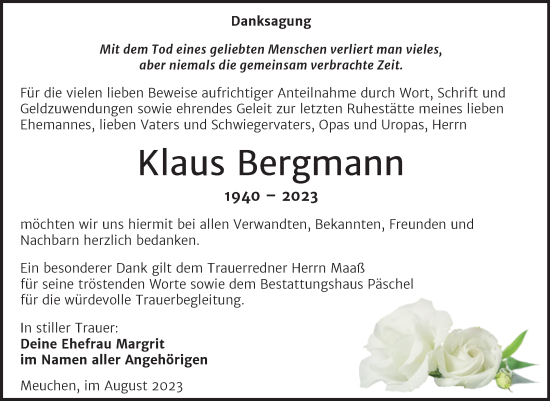 Traueranzeige von Klaus Bergmann von Trauerkombi Weißenfels