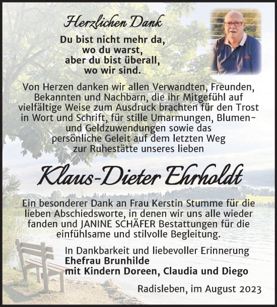 Traueranzeige von Klaus-Dieter Ehrholdt von Trauerkombi Quedlinburg