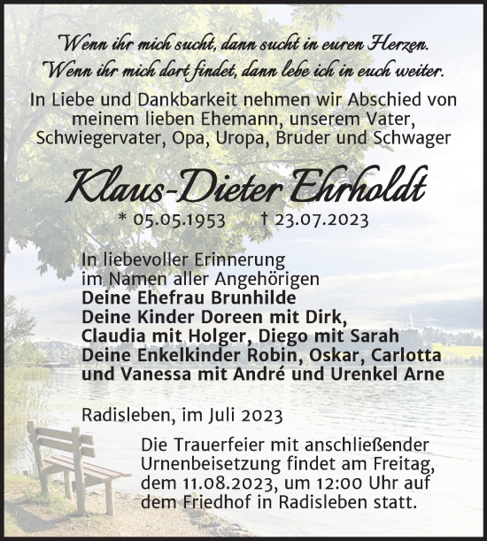Traueranzeige von Klaus-Dieter Ehrholdt von Trauerkombi Quedlinburg